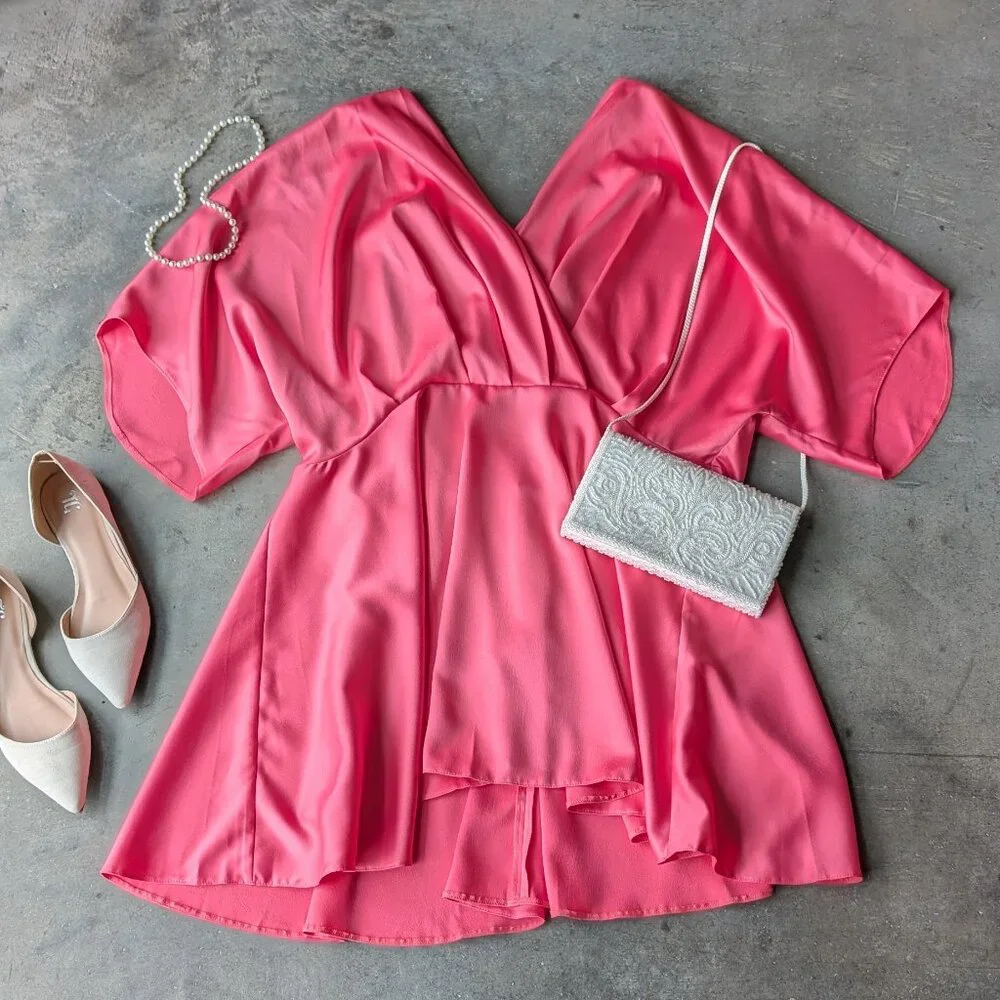 ASOS Design Curve Pink Satin Batwing Mini Dress size US 16 - Picture 1 of 10